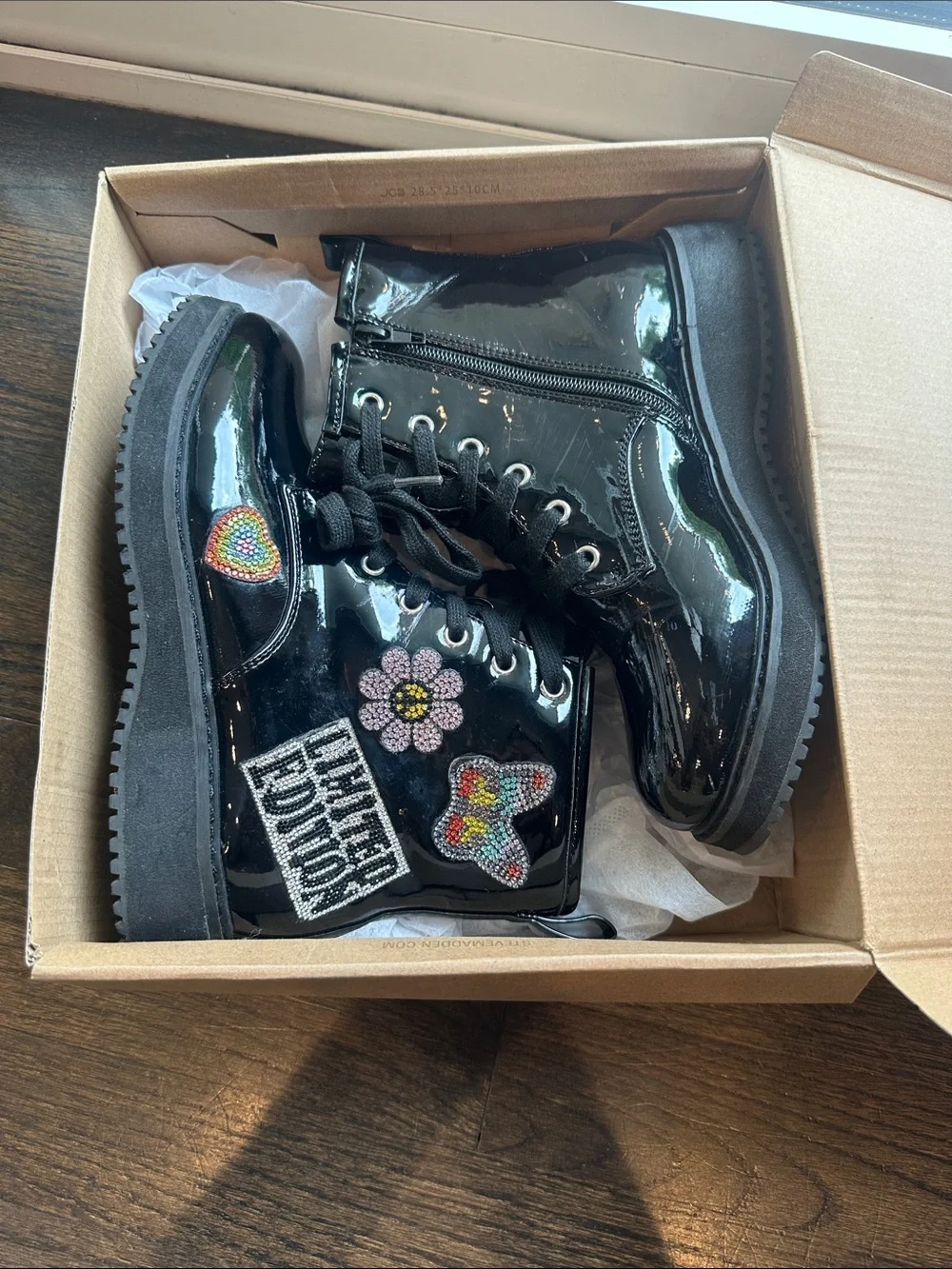 Limited Edition Steve Madden Kids Black Patent rainbow Embellished add-ons Boots